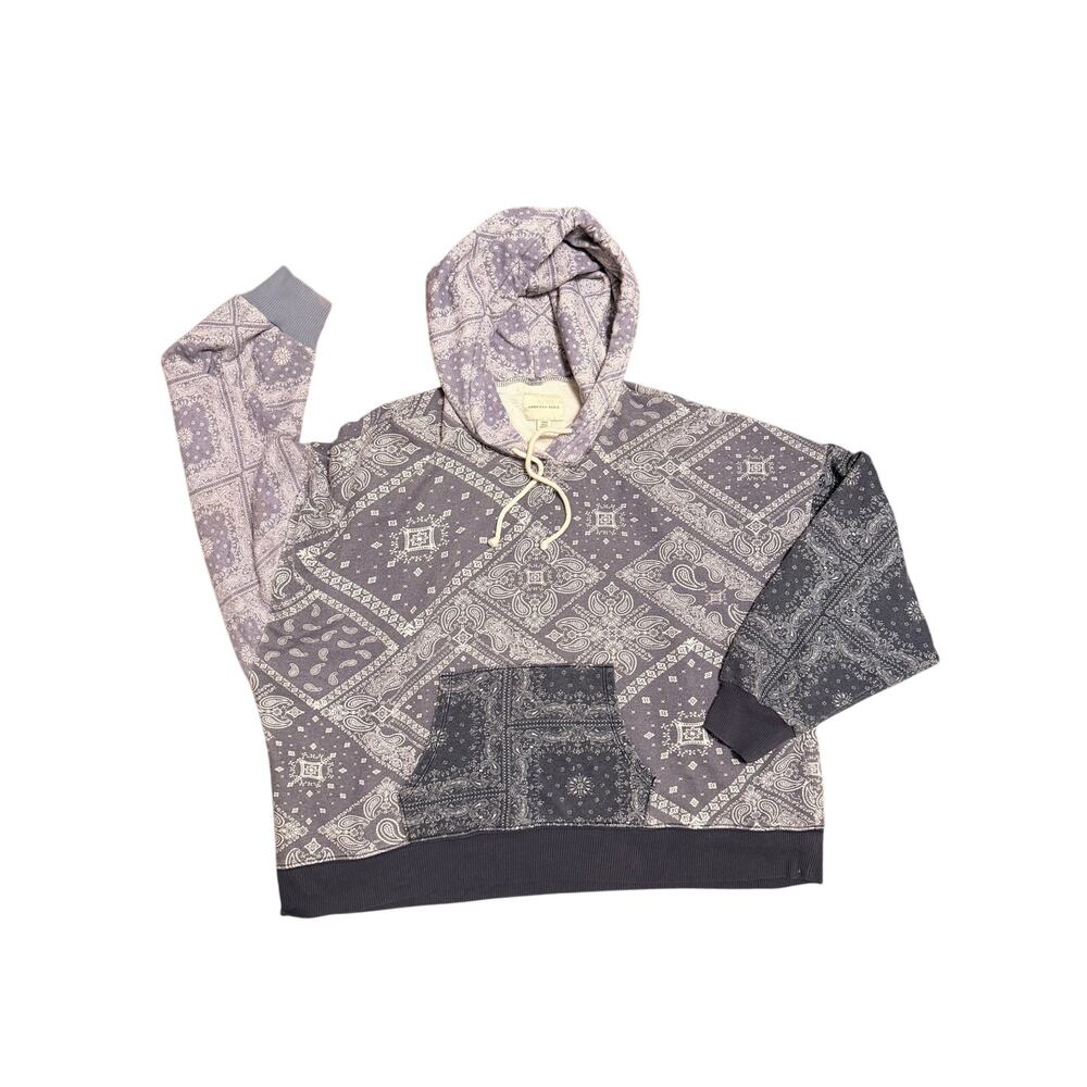 American Eagle Blue Gray Paisley Bandana Print Pullover Hoodie Small